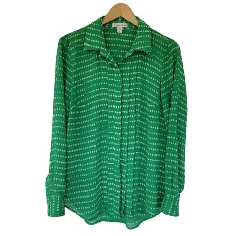 Coldwater Creek Button Down Polka Dot Blouse Womens Size S Green Sheer Long Slee